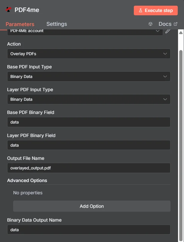 Nodo PDF4me en n8n configurado en Acción Superponer PDF, con Tipo de entrada de PDF base y Tipo de entrada de PDF de capa ambos Datos binarios, Datos de campo binario de PDF base, Datos de campo binario de PDF de capa, Nombre de archivo de salida overlayed_output.pdf y Datos de salida Nombre de datos binarios